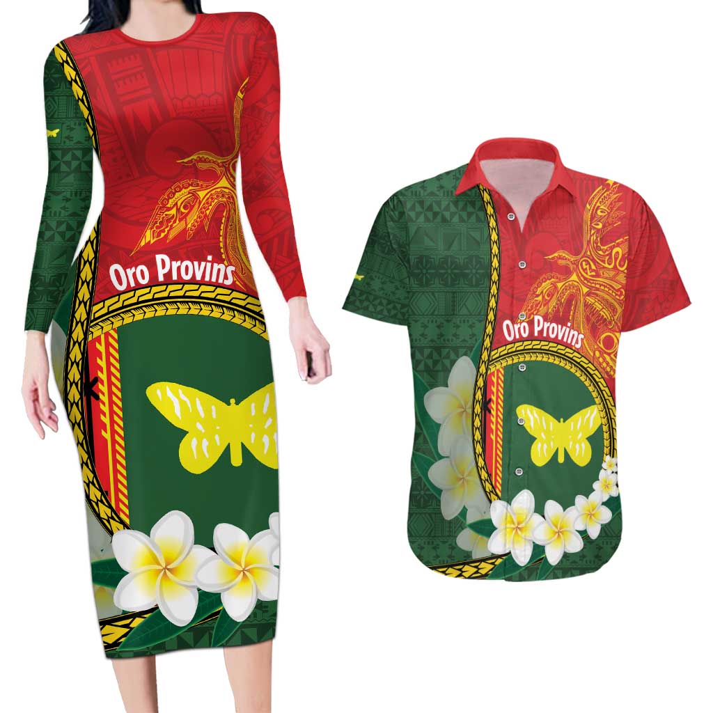 Personalised PNG Oro Provins Couples Matching Long Sleeve Bodycon Dress and Hawaiian Shirt Papua New Guinea Plumeria Melanesian Pattern LT14 Green - Polynesian Pride