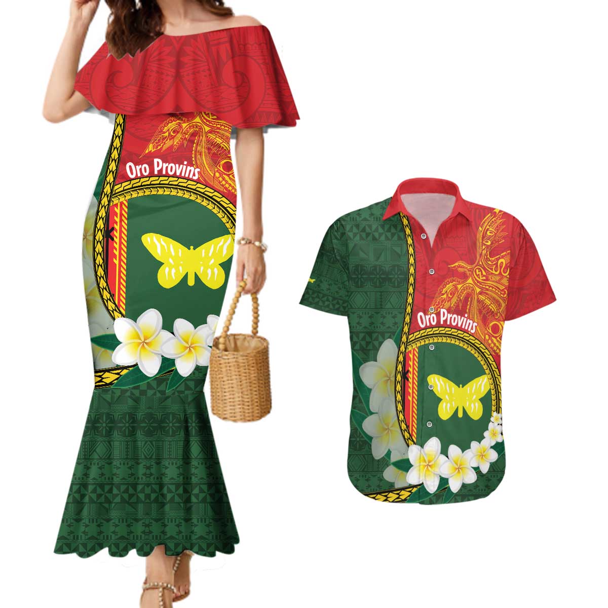 Personalised PNG Oro Provins Couples Matching Mermaid Dress and Hawaiian Shirt Papua New Guinea Plumeria Melanesian Pattern LT14 Green - Polynesian Pride