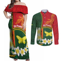Personalised PNG Oro Provins Couples Matching Off Shoulder Maxi Dress and Long Sleeve Button Shirt Papua New Guinea Plumeria Melanesian Pattern LT14 Green - Polynesian Pride