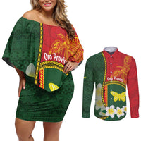 Personalised PNG Oro Provins Couples Matching Off Shoulder Short Dress and Long Sleeve Button Shirt Papua New Guinea Plumeria Melanesian Pattern LT14 Green - Polynesian Pride