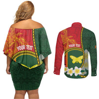 Personalised PNG Oro Provins Couples Matching Off Shoulder Short Dress and Long Sleeve Button Shirt Papua New Guinea Plumeria Melanesian Pattern LT14 - Polynesian Pride