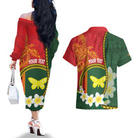 Personalised PNG Oro Provins Couples Matching Off The Shoulder Long Sleeve Dress and Hawaiian Shirt Papua New Guinea Plumeria Melanesian Pattern LT14 - Polynesian Pride