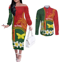 Personalised PNG Oro Provins Couples Matching Off The Shoulder Long Sleeve Dress and Long Sleeve Button Shirt Papua New Guinea Plumeria Melanesian Pattern LT14 Green - Polynesian Pride