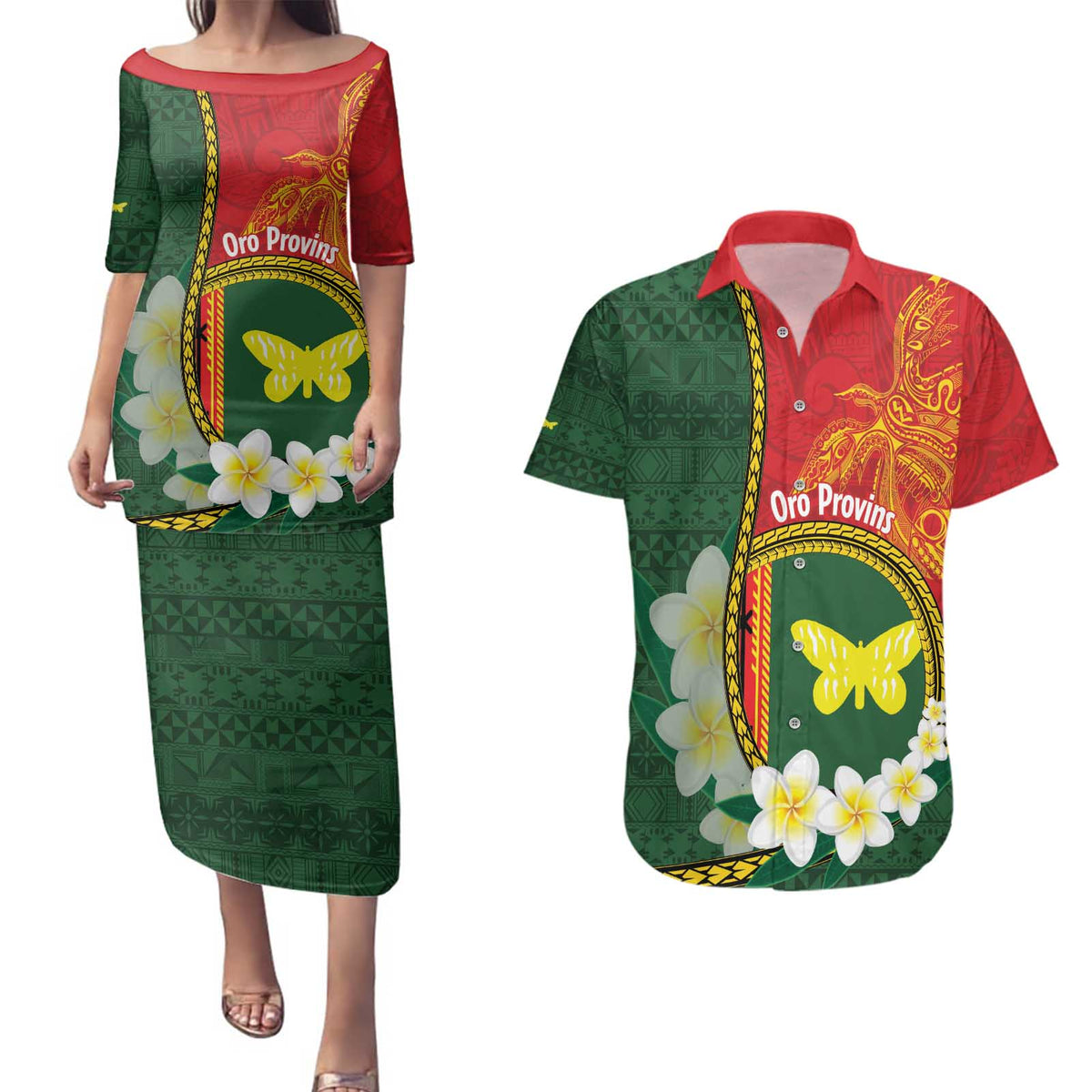 Personalised PNG Oro Provins Couples Matching Puletasi and Hawaiian Shirt Papua New Guinea Plumeria Melanesian Pattern LT14 Green - Polynesian Pride