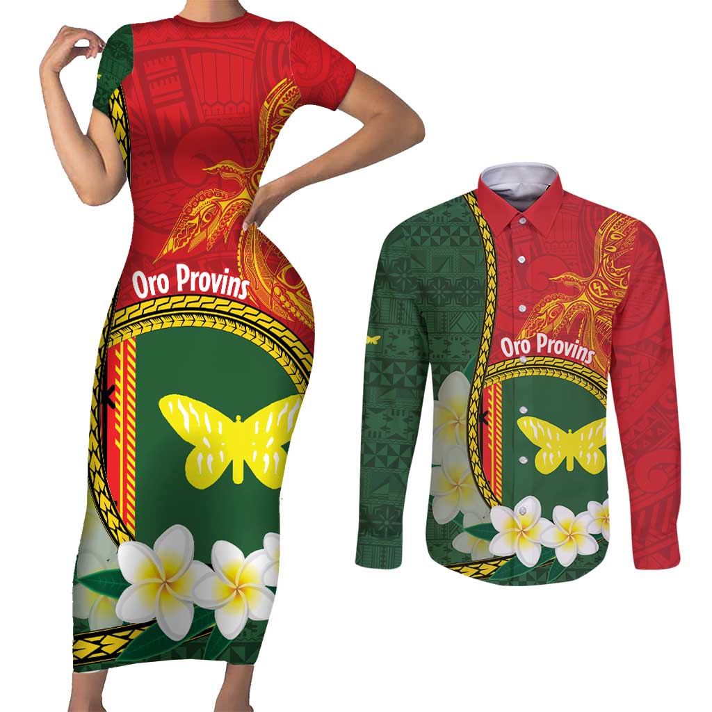 Personalised PNG Oro Provins Couples Matching Short Sleeve Bodycon Dress and Long Sleeve Button Shirt Papua New Guinea Plumeria Melanesian Pattern LT14 Green - Polynesian Pride
