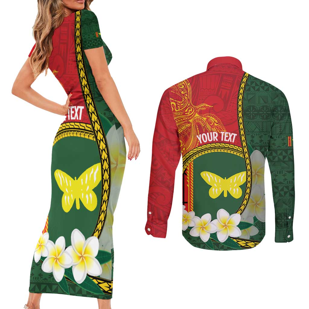Personalised PNG Oro Provins Couples Matching Short Sleeve Bodycon Dress and Long Sleeve Button Shirt Papua New Guinea Plumeria Melanesian Pattern LT14 - Polynesian Pride