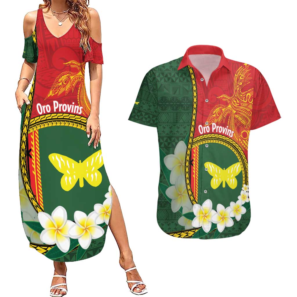Personalised PNG Oro Provins Couples Matching Summer Maxi Dress and Hawaiian Shirt Papua New Guinea Plumeria Melanesian Pattern LT14 Green - Polynesian Pride