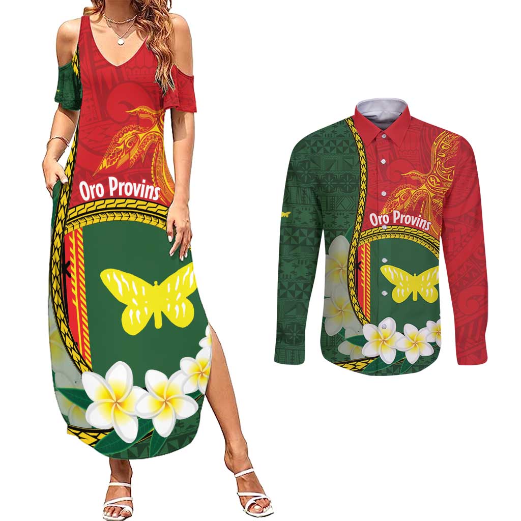 Personalised PNG Oro Provins Couples Matching Summer Maxi Dress and Long Sleeve Button Shirt Papua New Guinea Plumeria Melanesian Pattern LT14 Green - Polynesian Pride
