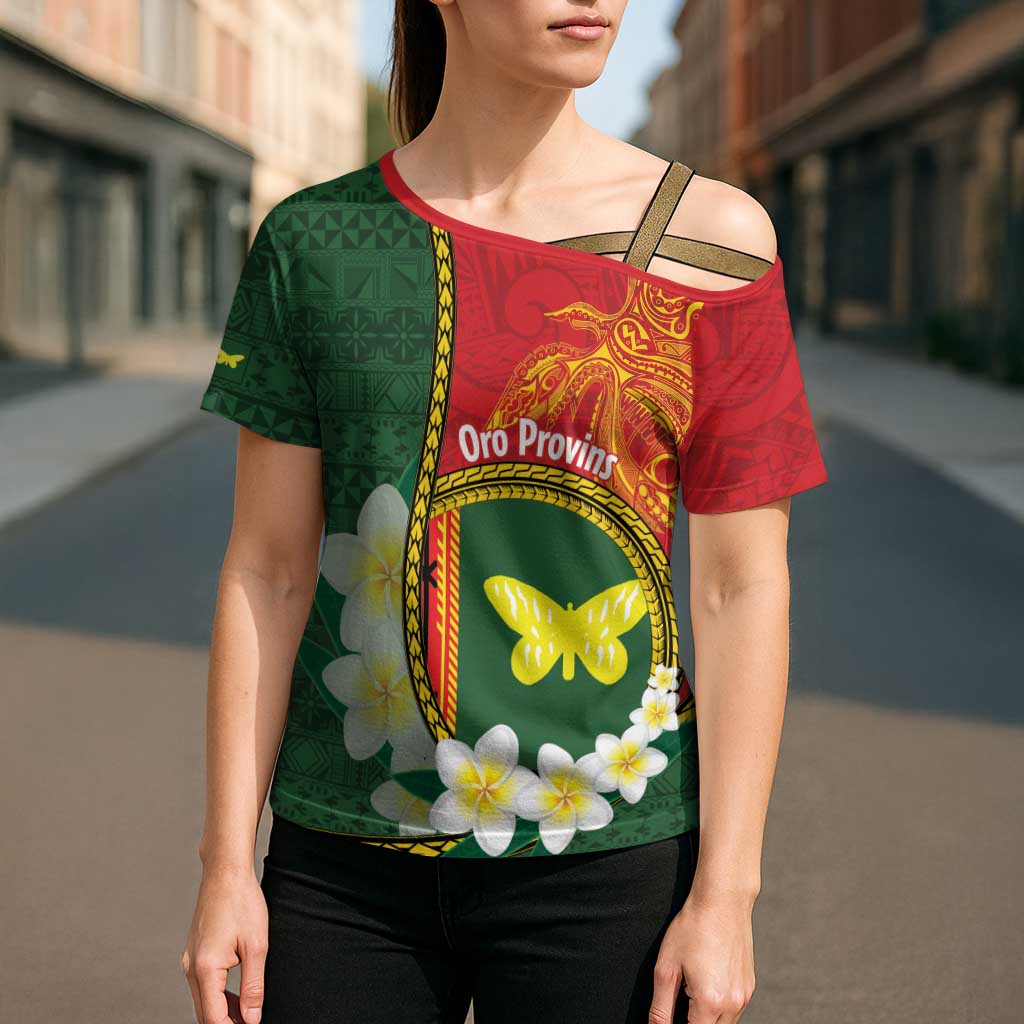 Personalised PNG Oro Provins Cross Shoulder Shirt Papua New Guinea Plumeria Melanesian Pattern - Polynesian Pride