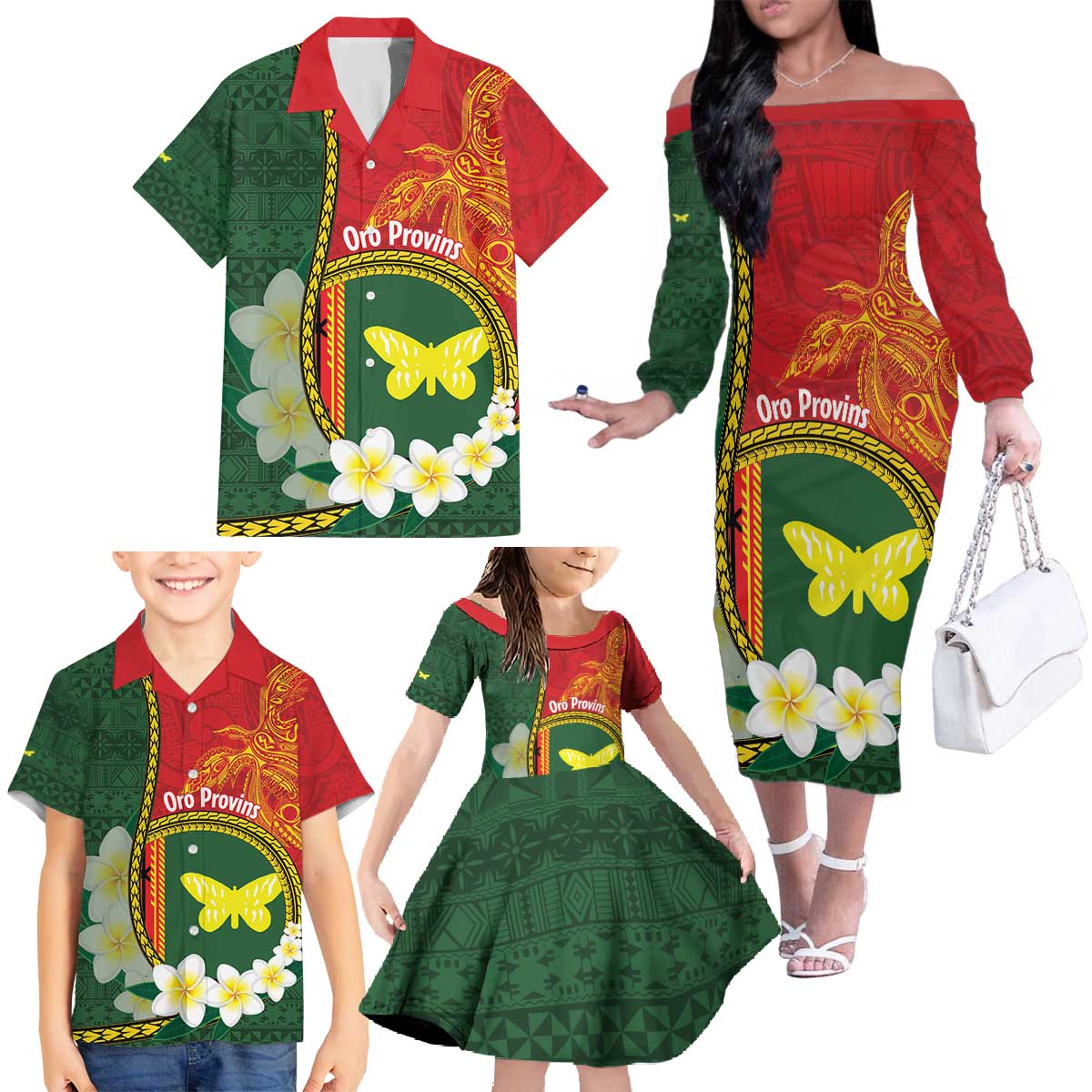 Personalised PNG Oro Provins Family Matching Off The Shoulder Long Sleeve Dress and Hawaiian Shirt Papua New Guinea Plumeria Melanesian Pattern LT14 - Polynesian Pride