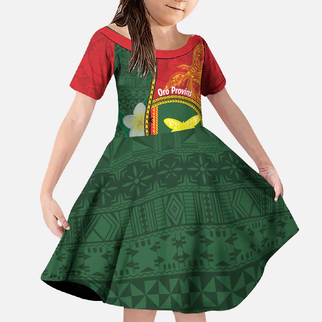 Personalised PNG Oro Provins Family Matching Off Shoulder Maxi Dress and Hawaiian Shirt Papua New Guinea Plumeria Melanesian Pattern LT14 Daughter's Dress Green - Polynesian Pride