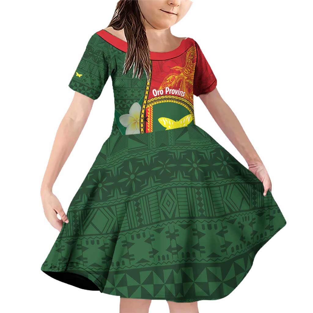 Personalised PNG Oro Provins Family Matching Off Shoulder Short Dress and Hawaiian Shirt Papua New Guinea Plumeria Melanesian Pattern LT14 Daughter's Dress Green - Polynesian Pride