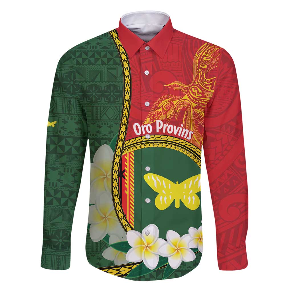 Personalised PNG Oro Provins Family Matching Puletasi and Hawaiian Shirt Papua New Guinea Plumeria Melanesian Pattern LT14 Dad's Shirt - Long Sleeve Green - Polynesian Pride