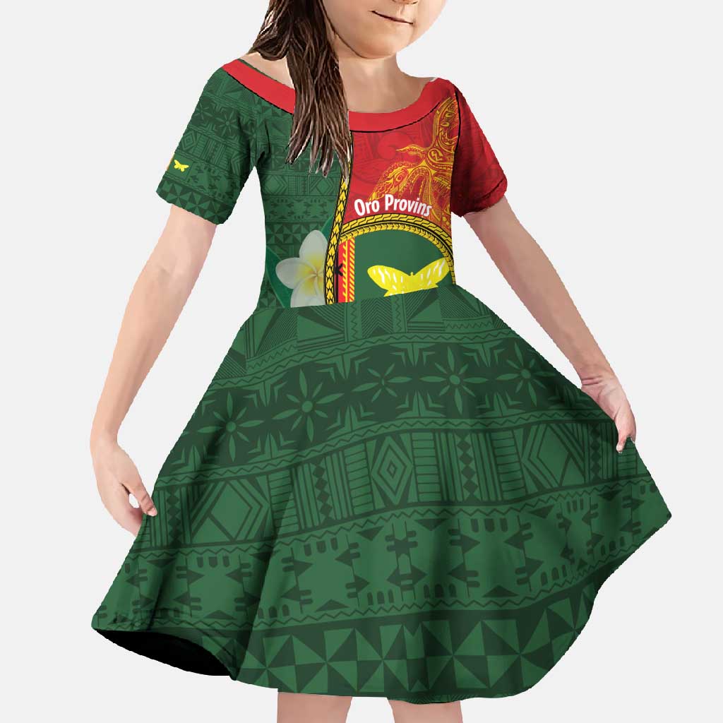 Personalised PNG Oro Provins Family Matching Short Sleeve Bodycon Dress and Hawaiian Shirt Papua New Guinea Plumeria Melanesian Pattern LT14 Daughter's Dress Green - Polynesian Pride