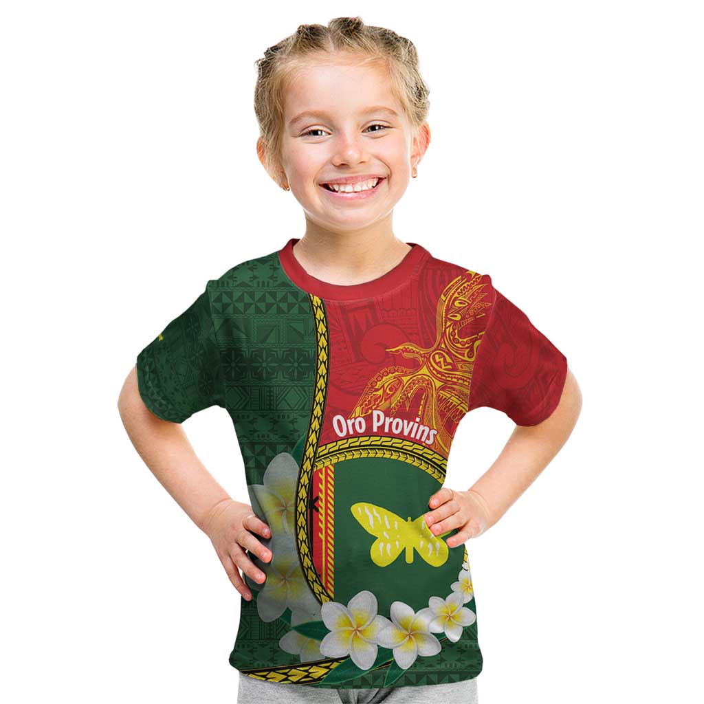 Personalised PNG Oro Provins Kid T Shirt Papua New Guinea Plumeria Melanesian Pattern - Polynesian Pride