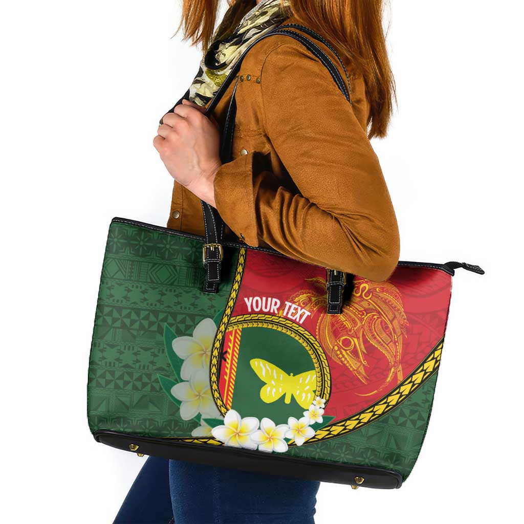 Personalised PNG Oro Provins Leather Tote Bag Papua New Guinea Plumeria Melanesian Pattern - Polynesian Pride