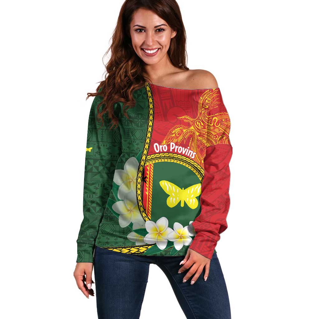 Personalised PNG Oro Provins Off Shoulder Sweater Papua New Guinea Plumeria Melanesian Pattern - Polynesian Pride