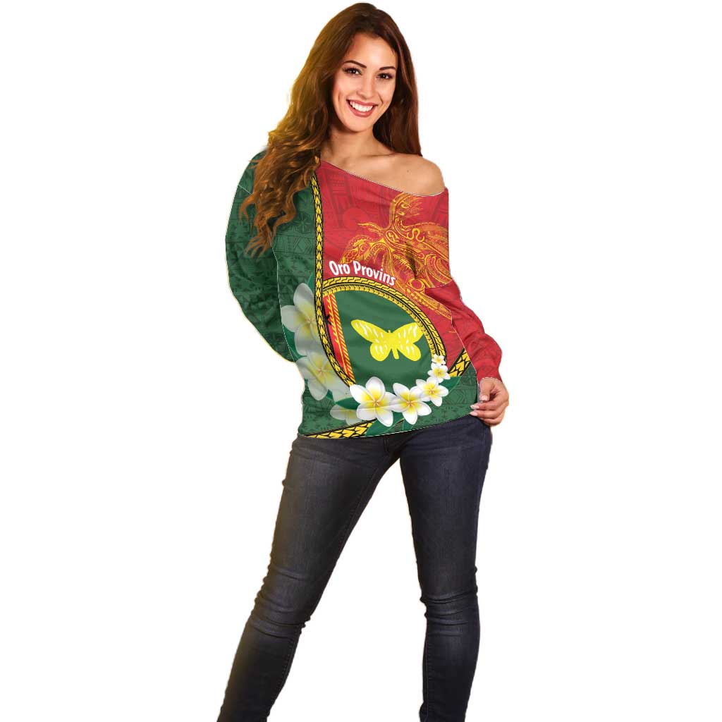 Personalised PNG Oro Provins Off Shoulder Sweater Papua New Guinea Plumeria Melanesian Pattern - Polynesian Pride