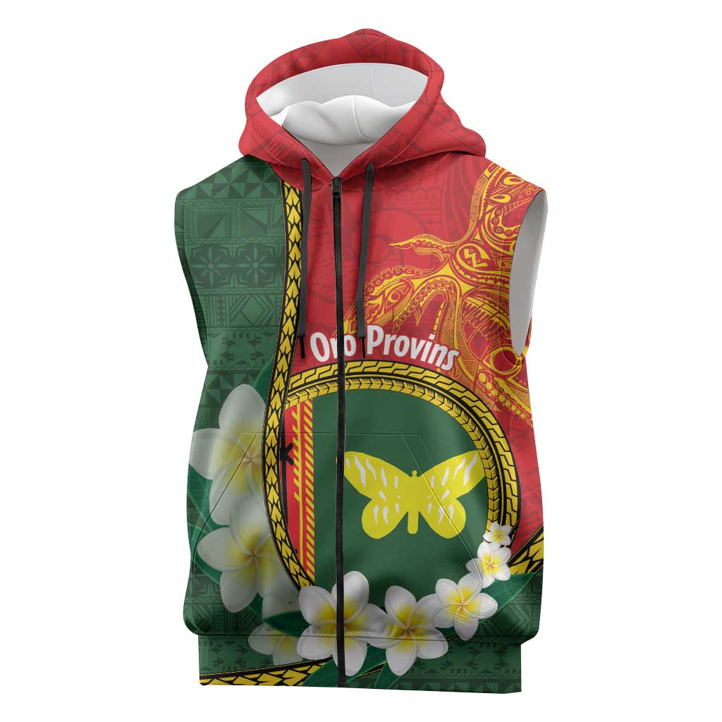 Personalised PNG Oro Provins Sleeveless Zip Hoodie Papua New Guinea Plumeria Melanesian Pattern LT14 Green - Polynesian Pride