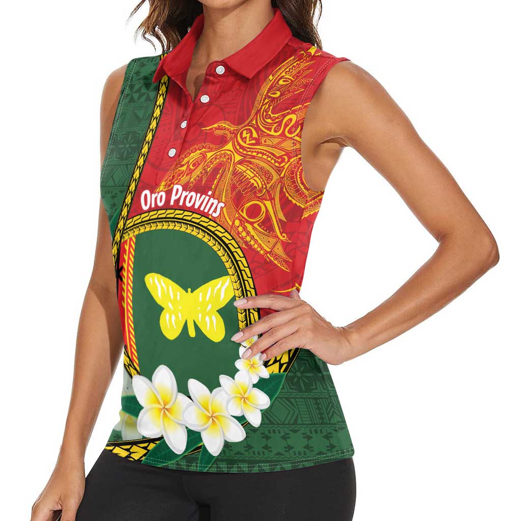 Personalised PNG Oro Provins Women Sleeveless Polo Shirt Papua New Guinea Plumeria Melanesian Pattern LT14 - Polynesian Pride