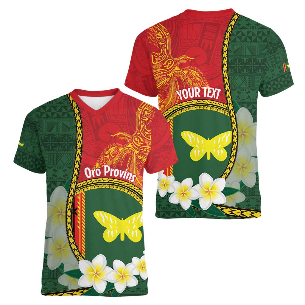 Personalised PNG Oro Provins Women V-Neck T-Shirt Papua New Guinea Plumeria Melanesian Pattern LT14 - Polynesian Pride