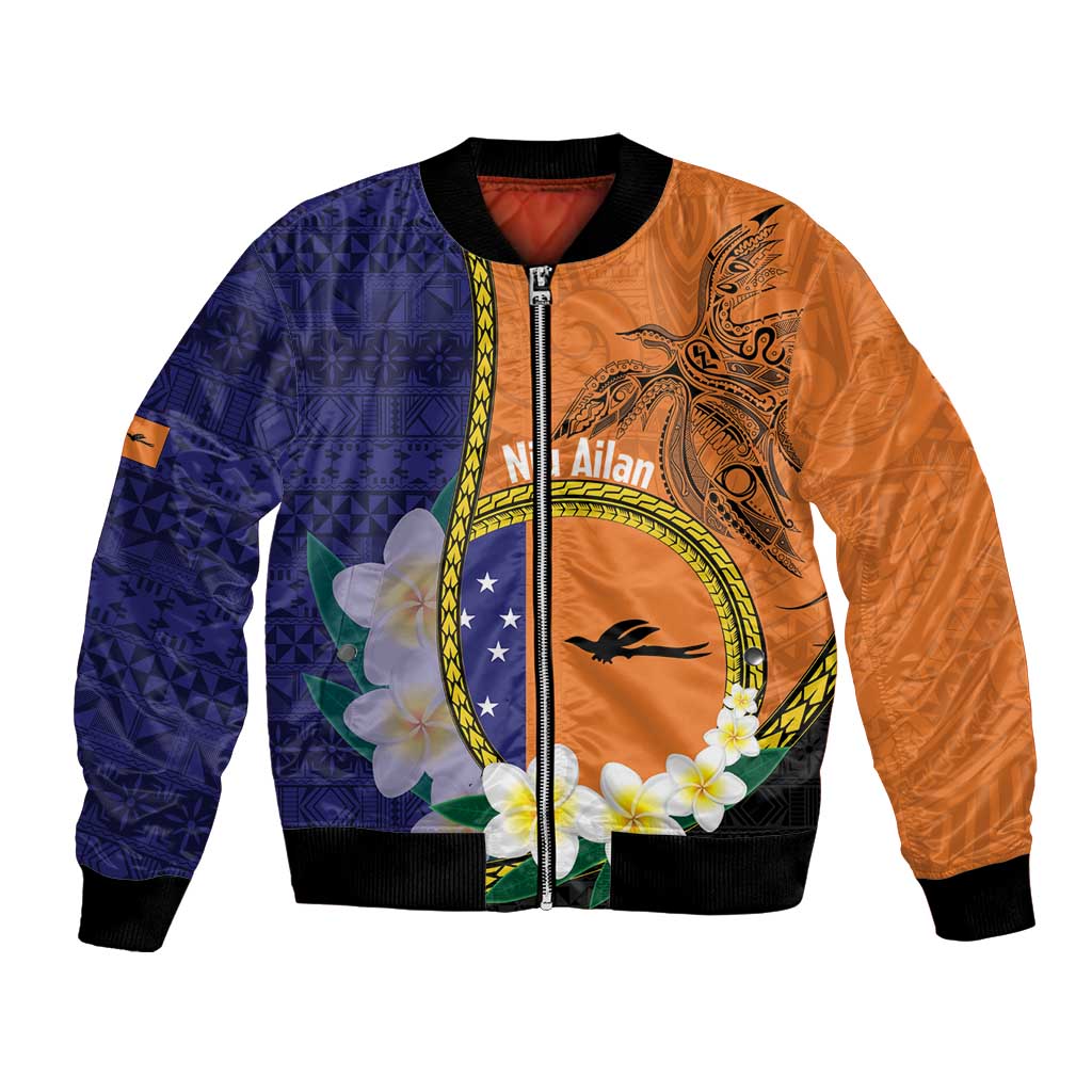 Personalised PNG Niu Ailan Bomber Jacket Papua New Guinea Plumeria Melanesian Pattern LT14 Unisex Orange - Polynesian Pride