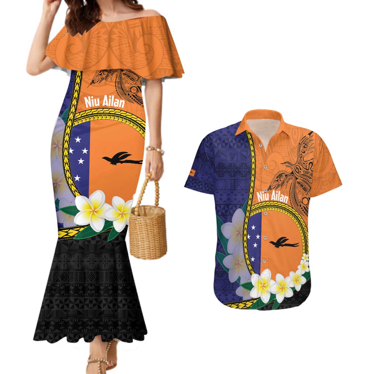 Personalised PNG Niu Ailan Couples Matching Mermaid Dress and Hawaiian Shirt Papua New Guinea Plumeria Melanesian Pattern LT14 Orange - Polynesian Pride