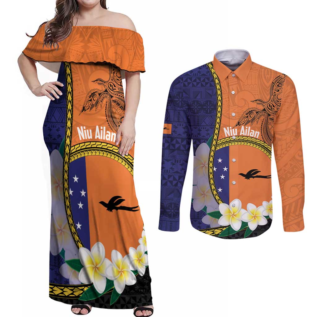 Personalised PNG Niu Ailan Couples Matching Off Shoulder Maxi Dress and Long Sleeve Button Shirt Papua New Guinea Plumeria Melanesian Pattern LT14 Orange - Polynesian Pride