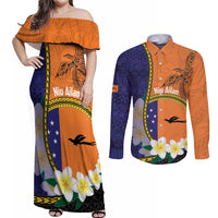 Personalised PNG Niu Ailan Couples Matching Off Shoulder Maxi Dress and Long Sleeve Button Shirt Papua New Guinea Plumeria Melanesian Pattern LT14 Orange - Polynesian Pride