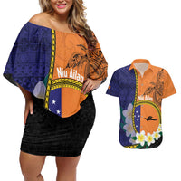 Personalised PNG Niu Ailan Couples Matching Off Shoulder Short Dress and Hawaiian Shirt Papua New Guinea Plumeria Melanesian Pattern LT14 Orange - Polynesian Pride