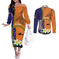 Personalised PNG Niu Ailan Couples Matching Off The Shoulder Long Sleeve Dress and Long Sleeve Button Shirt Papua New Guinea Plumeria Melanesian Pattern LT14 Orange - Polynesian Pride