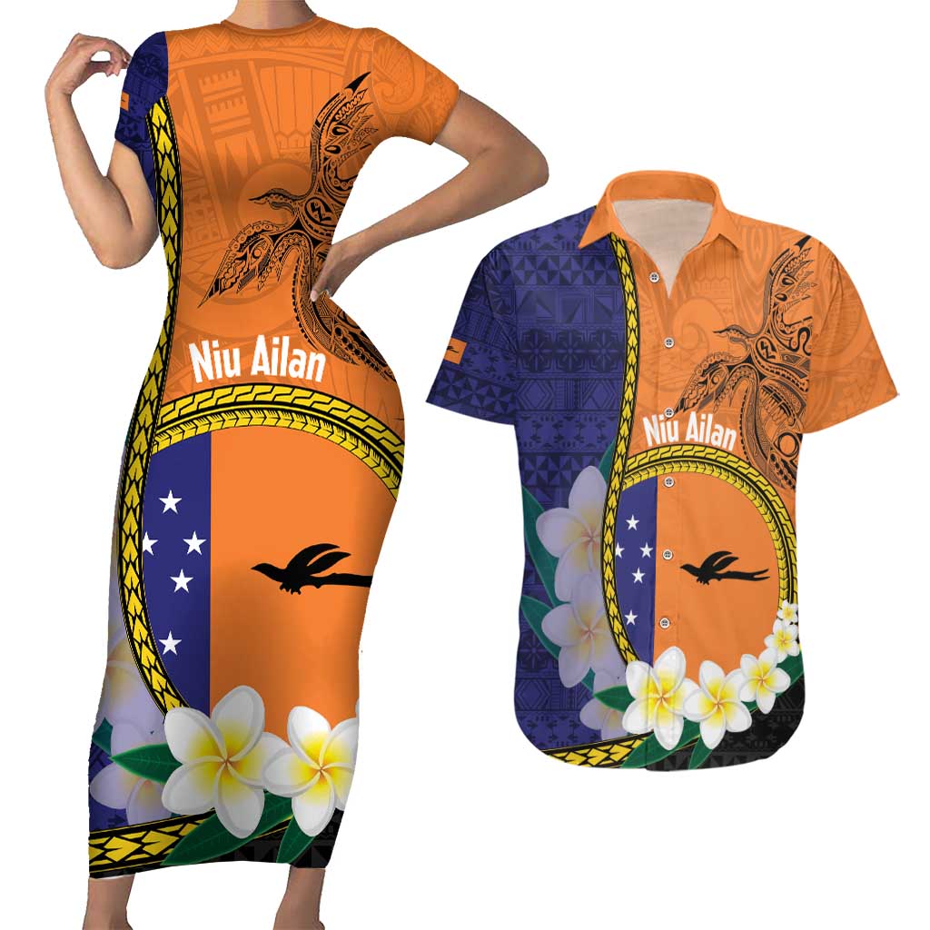 Personalised PNG Niu Ailan Couples Matching Short Sleeve Bodycon Dress and Hawaiian Shirt Papua New Guinea Plumeria Melanesian Pattern LT14 Orange - Polynesian Pride