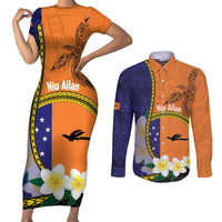 Personalised PNG Niu Ailan Couples Matching Short Sleeve Bodycon Dress and Long Sleeve Button Shirt Papua New Guinea Plumeria Melanesian Pattern LT14 Orange - Polynesian Pride