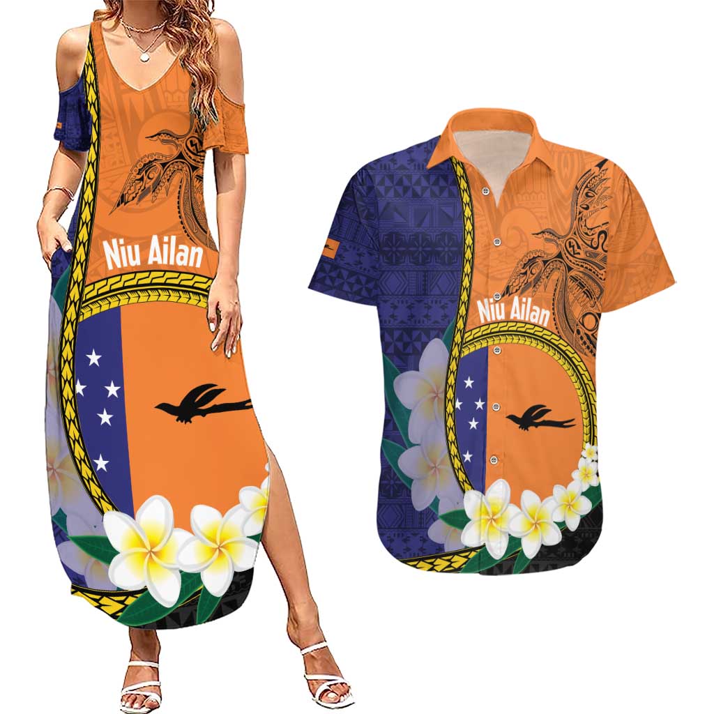 Personalised PNG Niu Ailan Couples Matching Summer Maxi Dress and Hawaiian Shirt Papua New Guinea Plumeria Melanesian Pattern LT14 Orange - Polynesian Pride