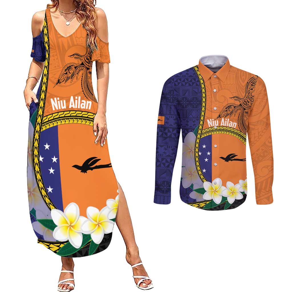 Personalised PNG Niu Ailan Couples Matching Summer Maxi Dress and Long Sleeve Button Shirt Papua New Guinea Plumeria Melanesian Pattern LT14 Orange - Polynesian Pride