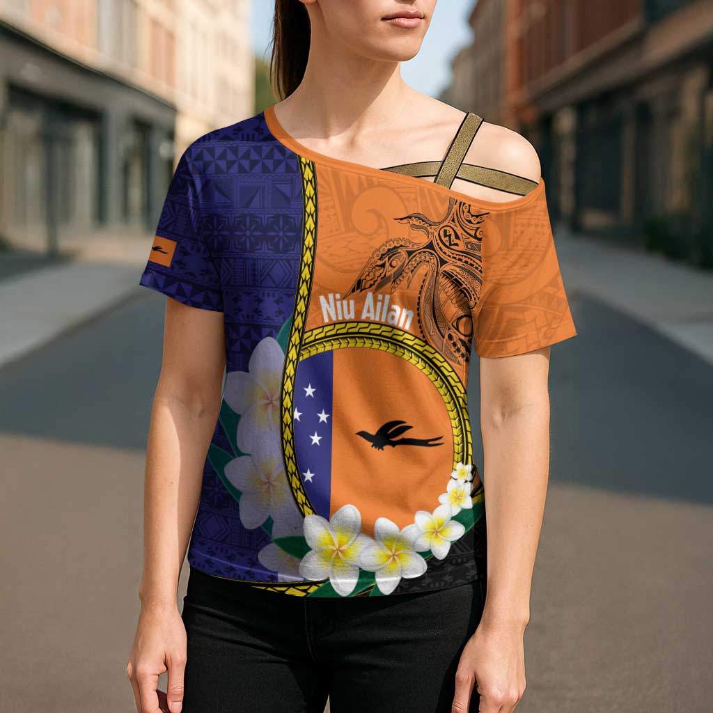 Personalised PNG Niu Ailan Cross Shoulder Shirt Papua New Guinea Plumeria Melanesian Pattern - Polynesian Pride