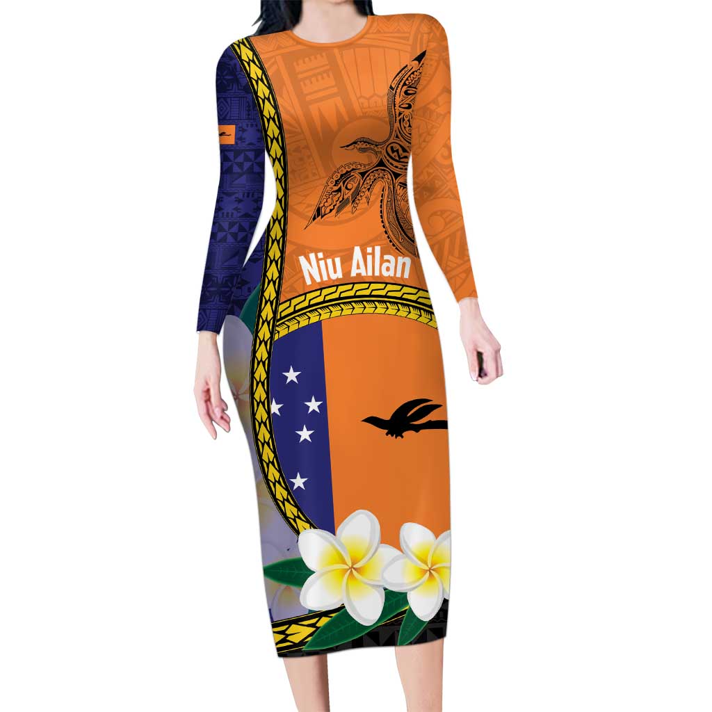 Personalised PNG Niu Ailan Family Matching Long Sleeve Bodycon Dress and Hawaiian Shirt Papua New Guinea Plumeria Melanesian Pattern LT14 Mom's Dress Orange - Polynesian Pride