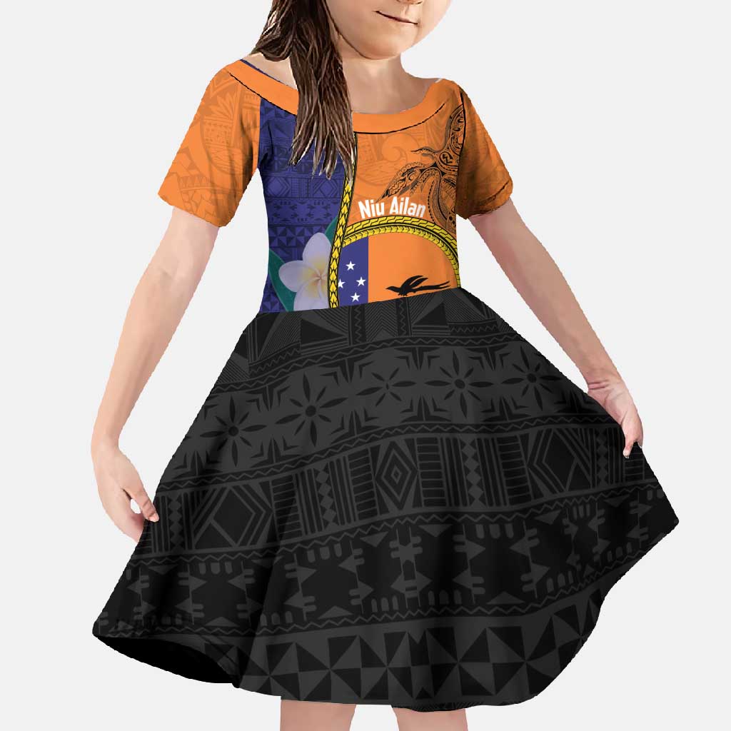 Personalised PNG Niu Ailan Family Matching Off Shoulder Maxi Dress and Hawaiian Shirt Papua New Guinea Plumeria Melanesian Pattern LT14 Daughter's Dress Orange - Polynesian Pride
