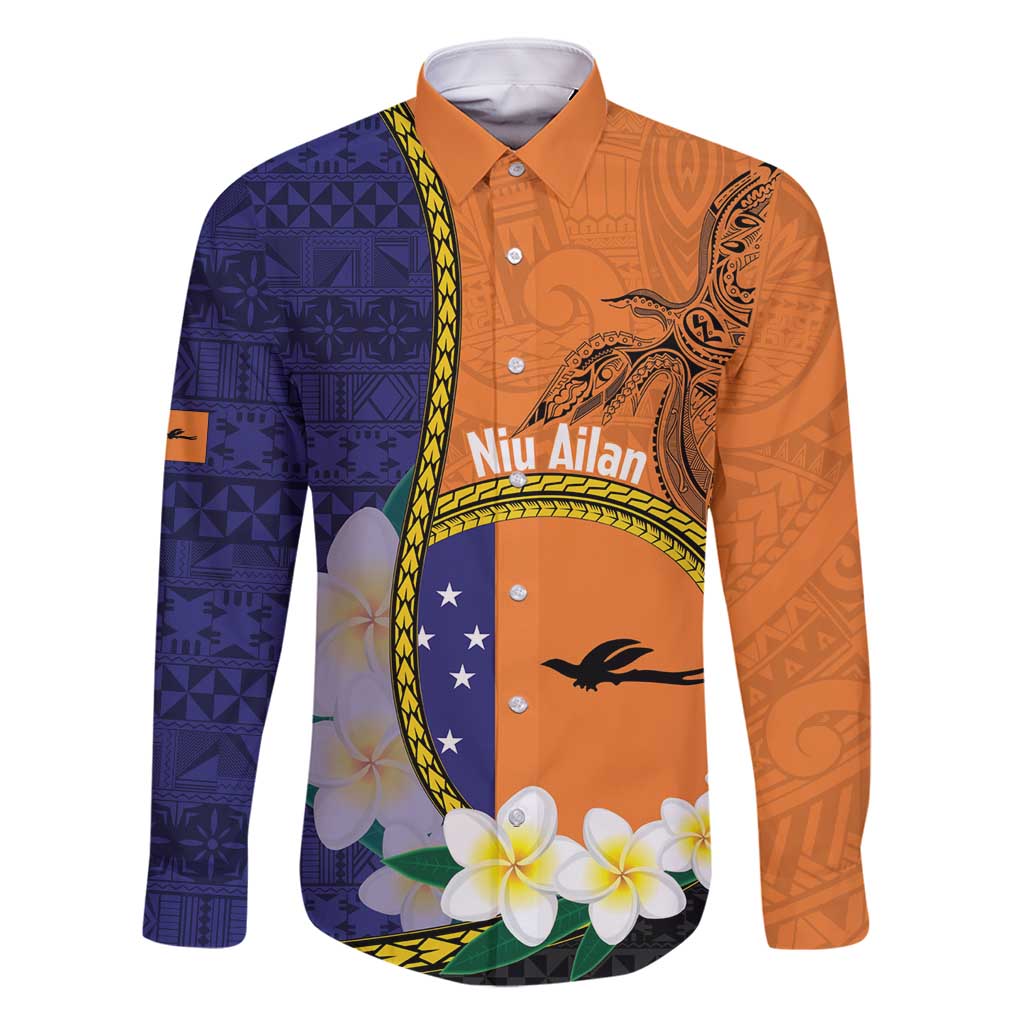 Personalised PNG Niu Ailan Family Matching Off Shoulder Maxi Dress and Hawaiian Shirt Papua New Guinea Plumeria Melanesian Pattern LT14 Dad's Shirt - Long Sleeve Orange - Polynesian Pride