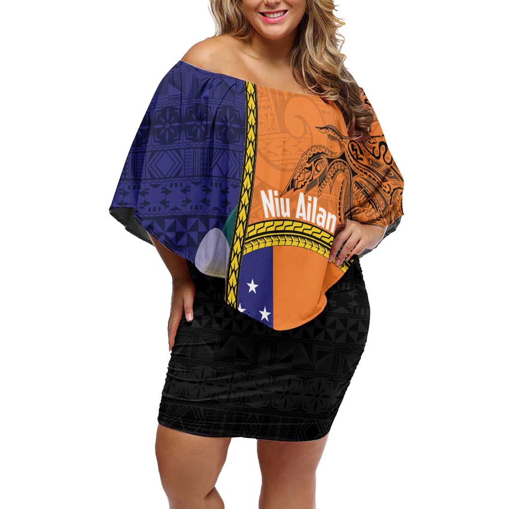 Personalised PNG Niu Ailan Family Matching Off Shoulder Short Dress and Hawaiian Shirt Papua New Guinea Plumeria Melanesian Pattern LT14 Mom's Dress Orange - Polynesian Pride