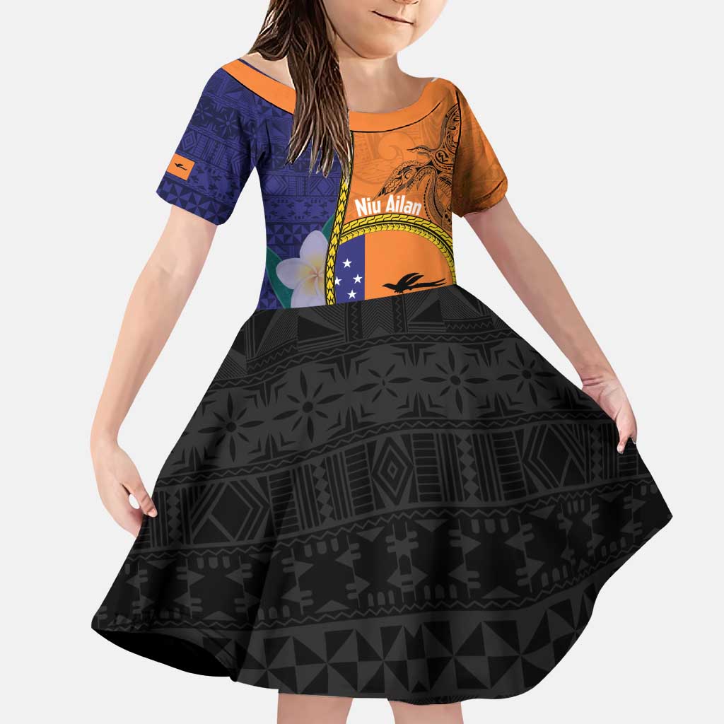 Personalised PNG Niu Ailan Family Matching Puletasi and Hawaiian Shirt Papua New Guinea Plumeria Melanesian Pattern LT14 Daughter's Dress Orange - Polynesian Pride