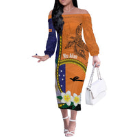 Personalised PNG Niu Ailan Off The Shoulder Long Sleeve Dress Papua New Guinea Plumeria Melanesian Pattern LT14 Women Orange - Polynesian Pride
