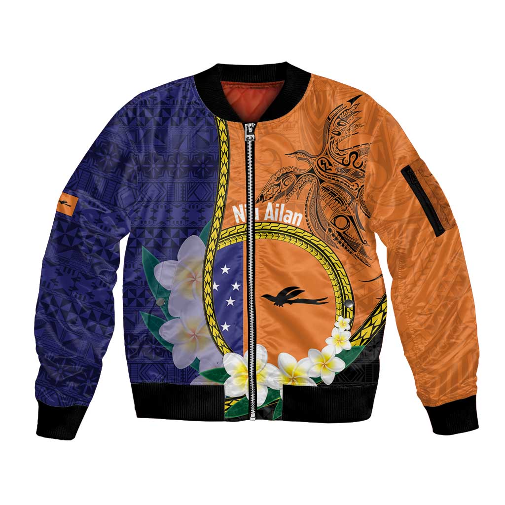 Personalised PNG Niu Ailan Sleeve Zip Bomber Jacket Papua New Guinea Plumeria Melanesian Pattern LT14 Unisex Orange - Polynesian Pride