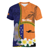 Personalised PNG Niu Ailan Women V-Neck T-Shirt Papua New Guinea Plumeria Melanesian Pattern LT14 Female Orange - Polynesian Pride