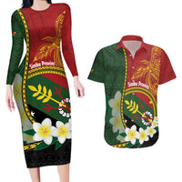 Personalised PNG Simbu Provins Couples Matching Long Sleeve Bodycon Dress and Hawaiian Shirt Papua New Guinea Plumeria Melanesian Pattern LT14 Green - Polynesian Pride