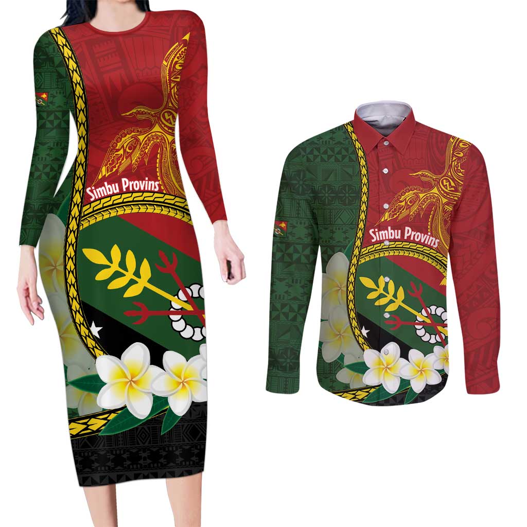 Personalised PNG Simbu Provins Couples Matching Long Sleeve Bodycon Dress and Long Sleeve Button Shirt Papua New Guinea Plumeria Melanesian Pattern LT14 Green - Polynesian Pride
