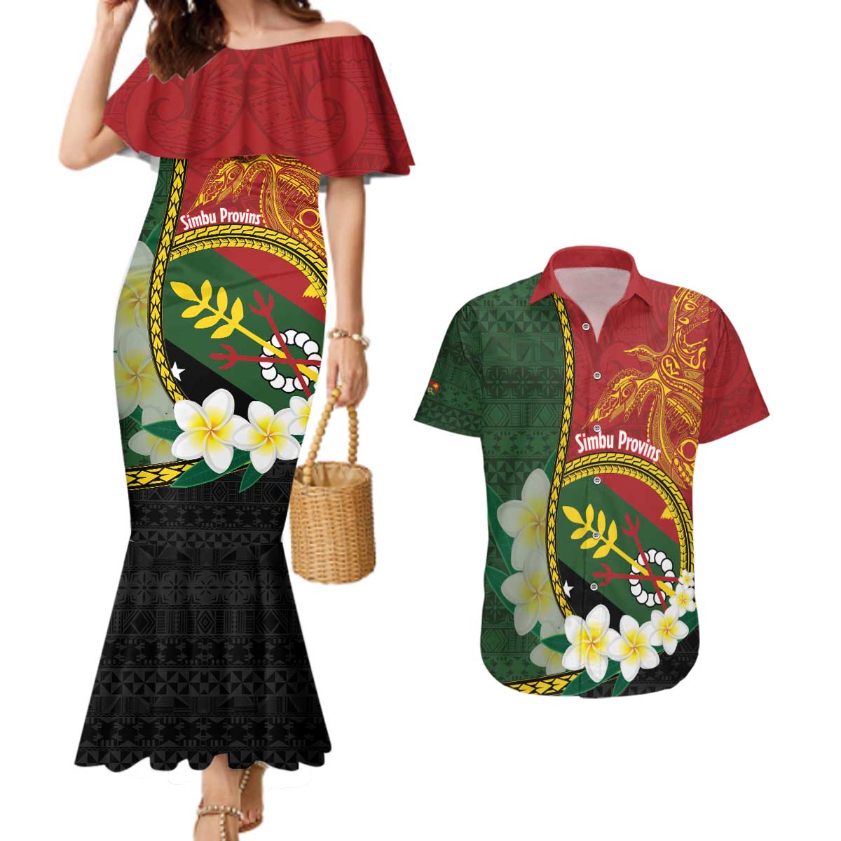 Personalised PNG Simbu Provins Couples Matching Mermaid Dress and Hawaiian Shirt Papua New Guinea Plumeria Melanesian Pattern - Polynesian Pride