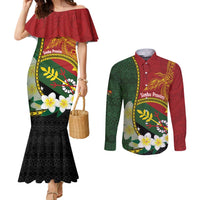 Personalised PNG Simbu Provins Couples Matching Mermaid Dress and Long Sleeve Button Shirt Papua New Guinea Plumeria Melanesian Pattern LT14 Green - Polynesian Pride