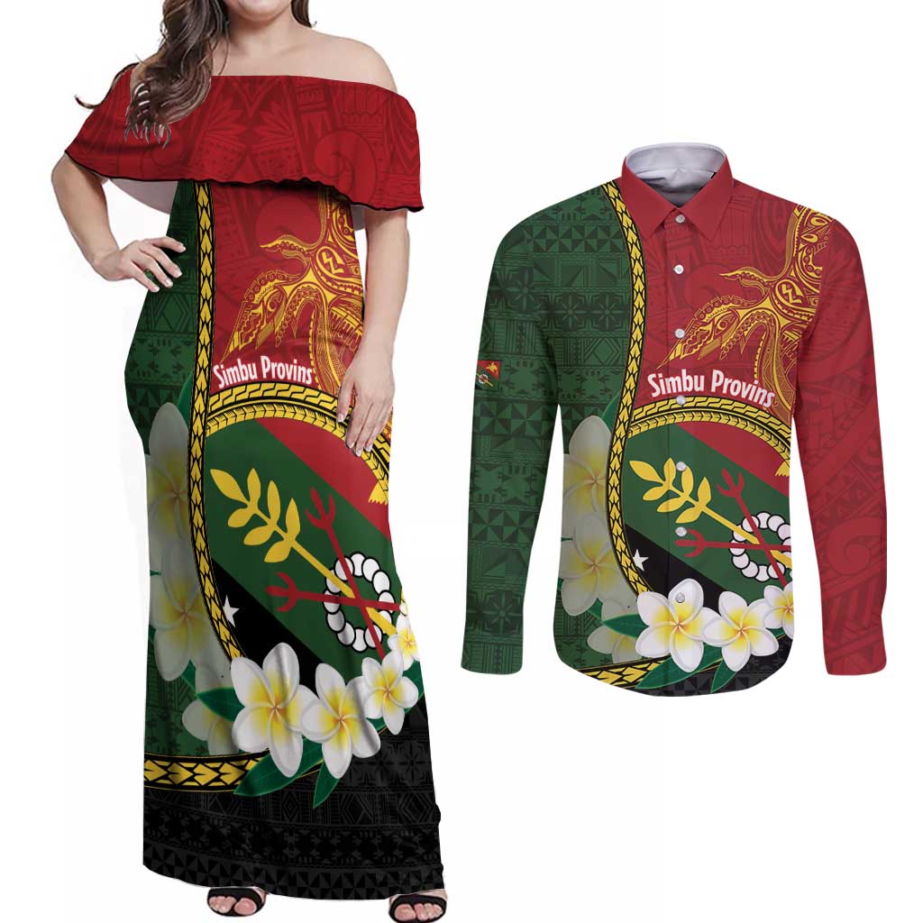 Personalised PNG Simbu Provins Couples Matching Off Shoulder Maxi Dress and Long Sleeve Button Shirt Papua New Guinea Plumeria Melanesian Pattern LT14 Green - Polynesian Pride