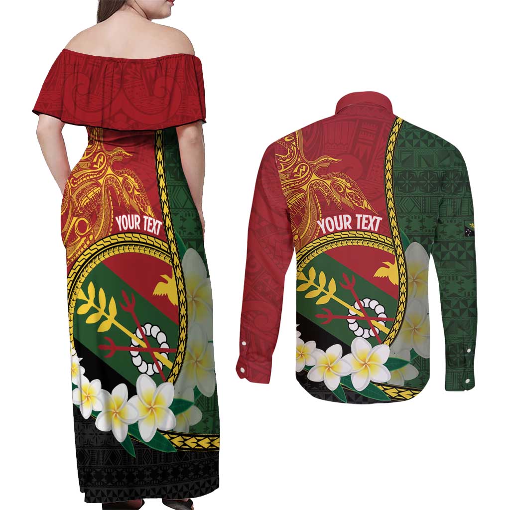 Personalised PNG Simbu Provins Couples Matching Off Shoulder Maxi Dress and Long Sleeve Button Shirt Papua New Guinea Plumeria Melanesian Pattern LT14 - Polynesian Pride